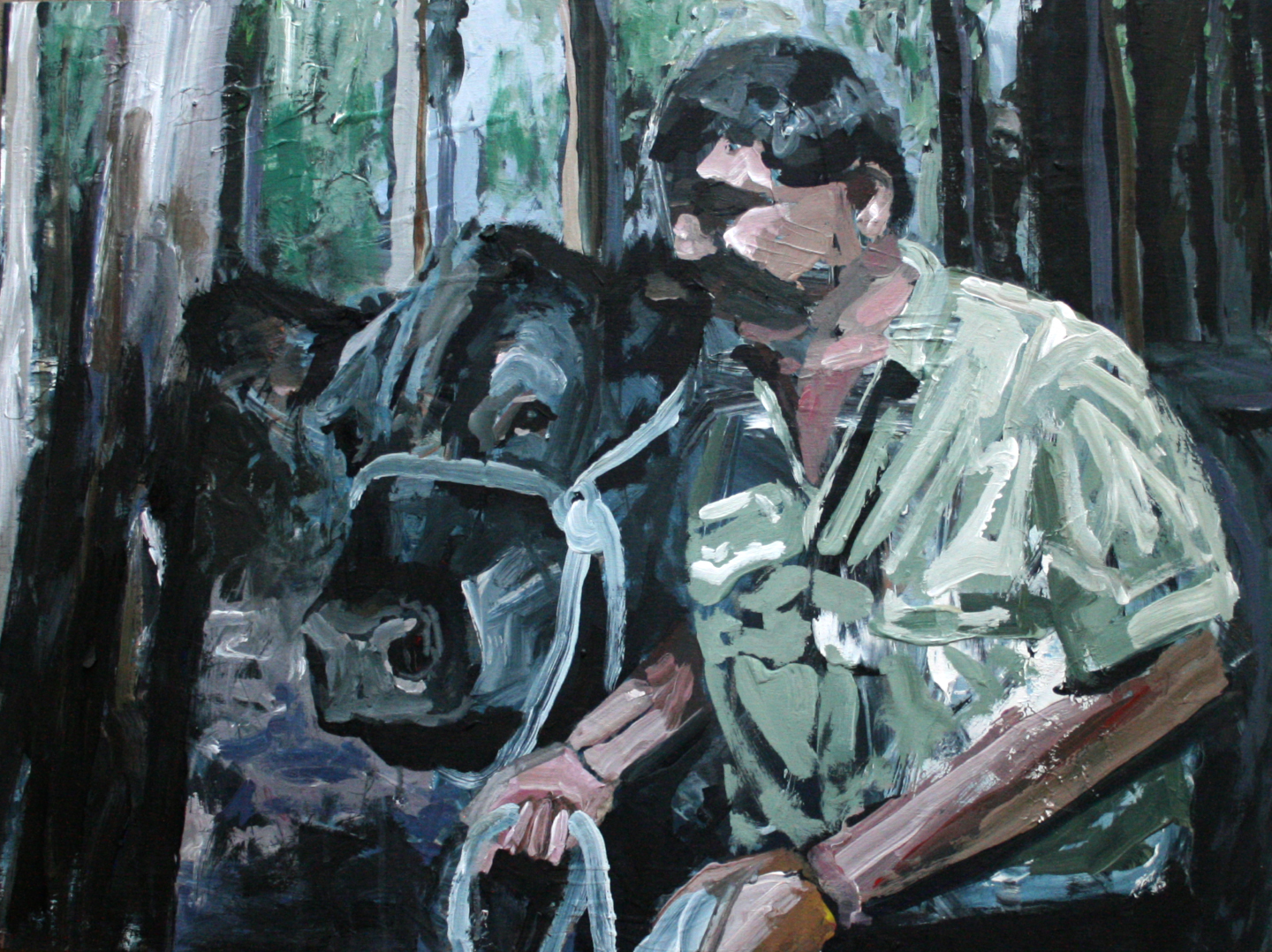 Fine Art cow being led through the bush mixed media painting on board by James Lyle