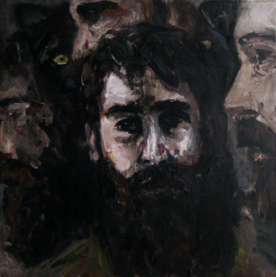 Fine Art Man with panther mixed media painting on board by James Lyle